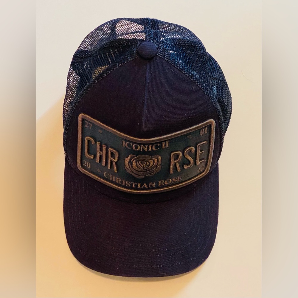 Christian Rose Navy Vinyl Iconic II Plate Men’s Trucker Baseball Cap - Picture 13 of 15